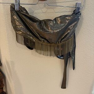 NWT~DOLLS KILL Club Exx Bronze Metallic Fringe Halter Rave Festival Top Size XL